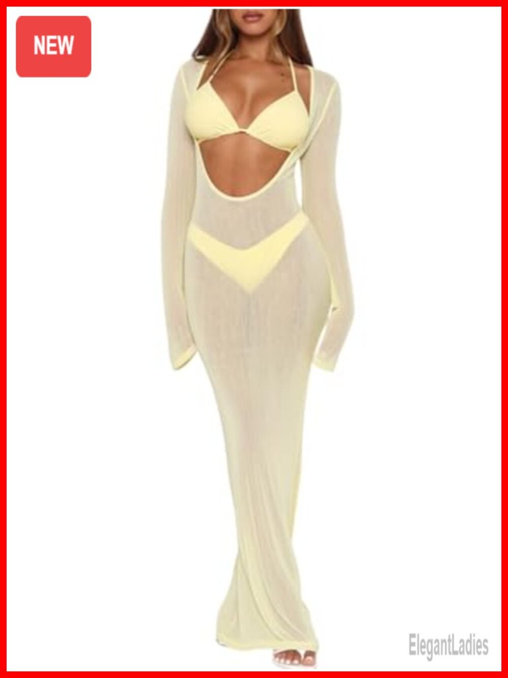 3 Piece Swim Cover Up & Triangle Bikini Set Mesh Backless